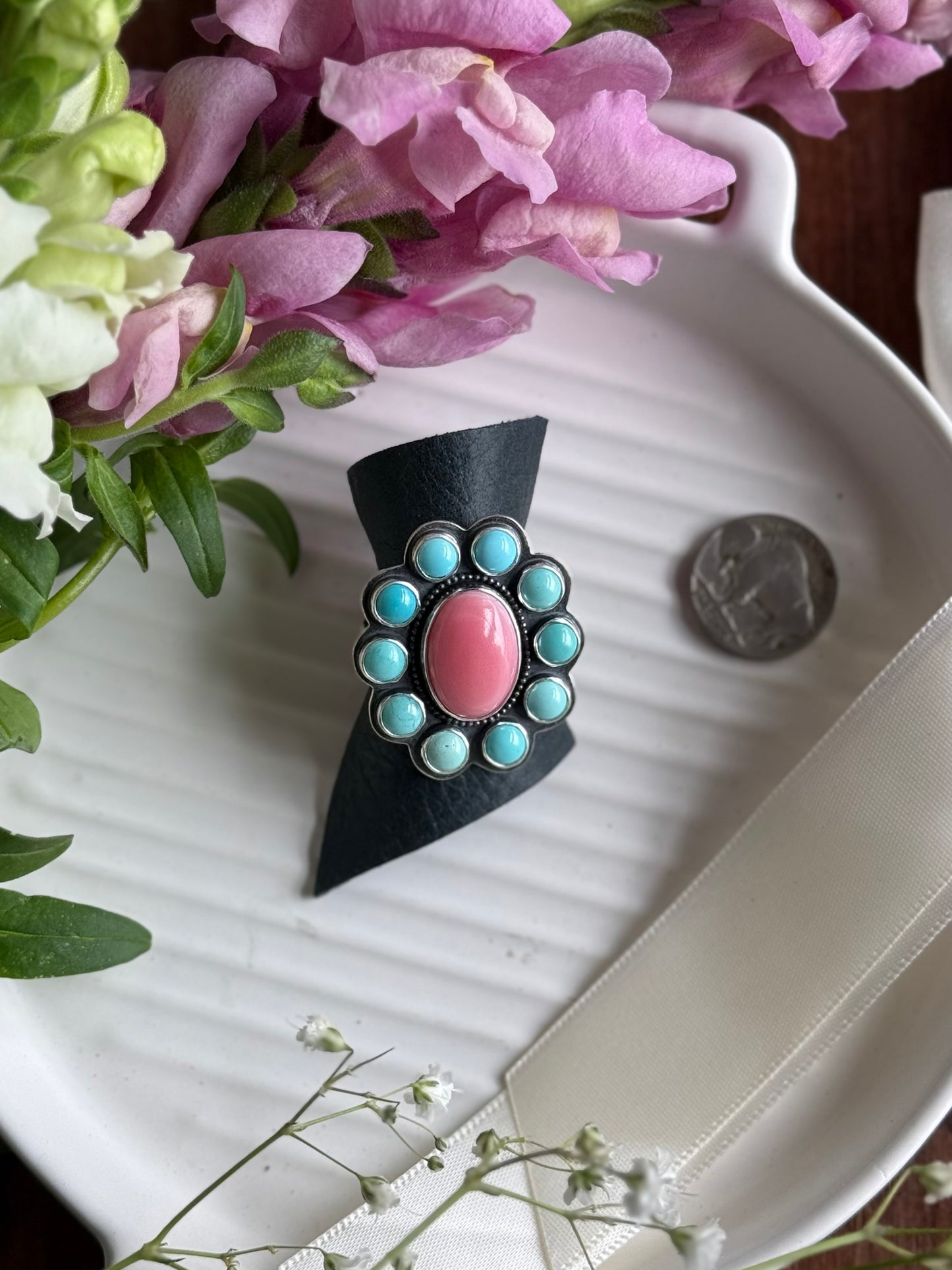 Pink Conch + Turquoise Ring sz 10 ADJUSTABLE