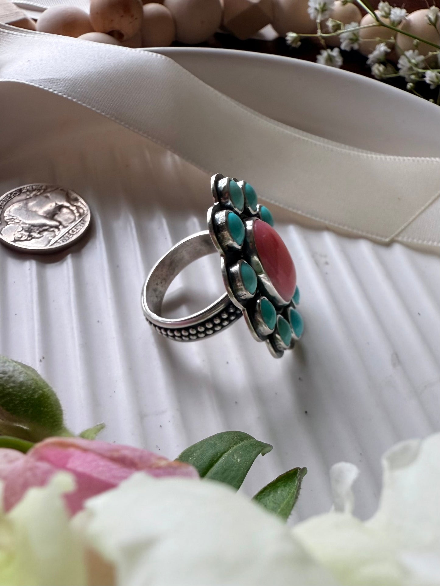 Pink Conch + Turquoise Ring sz 10 ADJUSTABLE